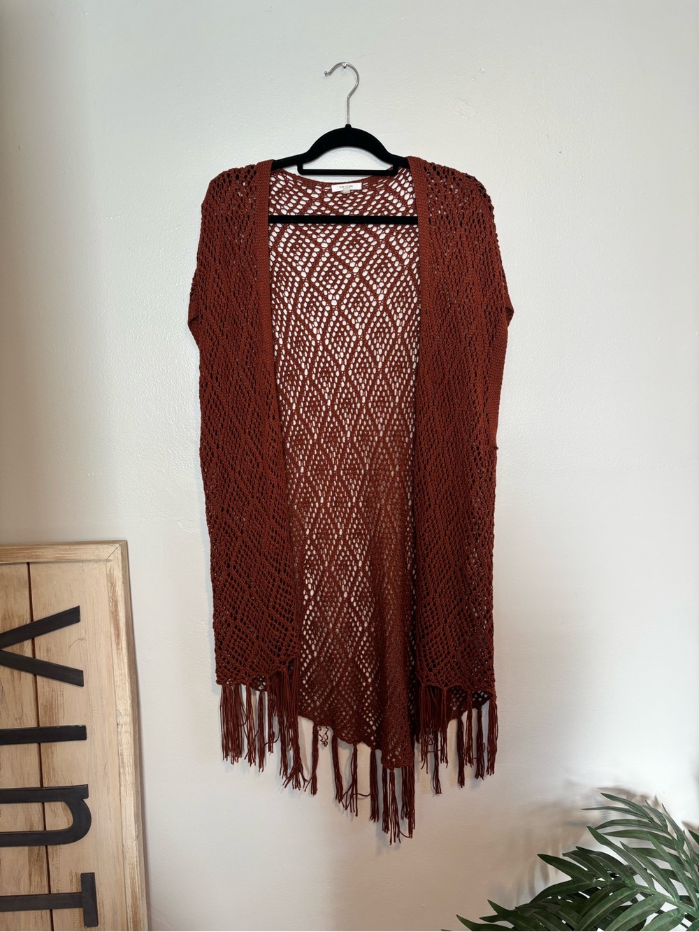 Rust Orange Crochet Fringe Open Cardigan